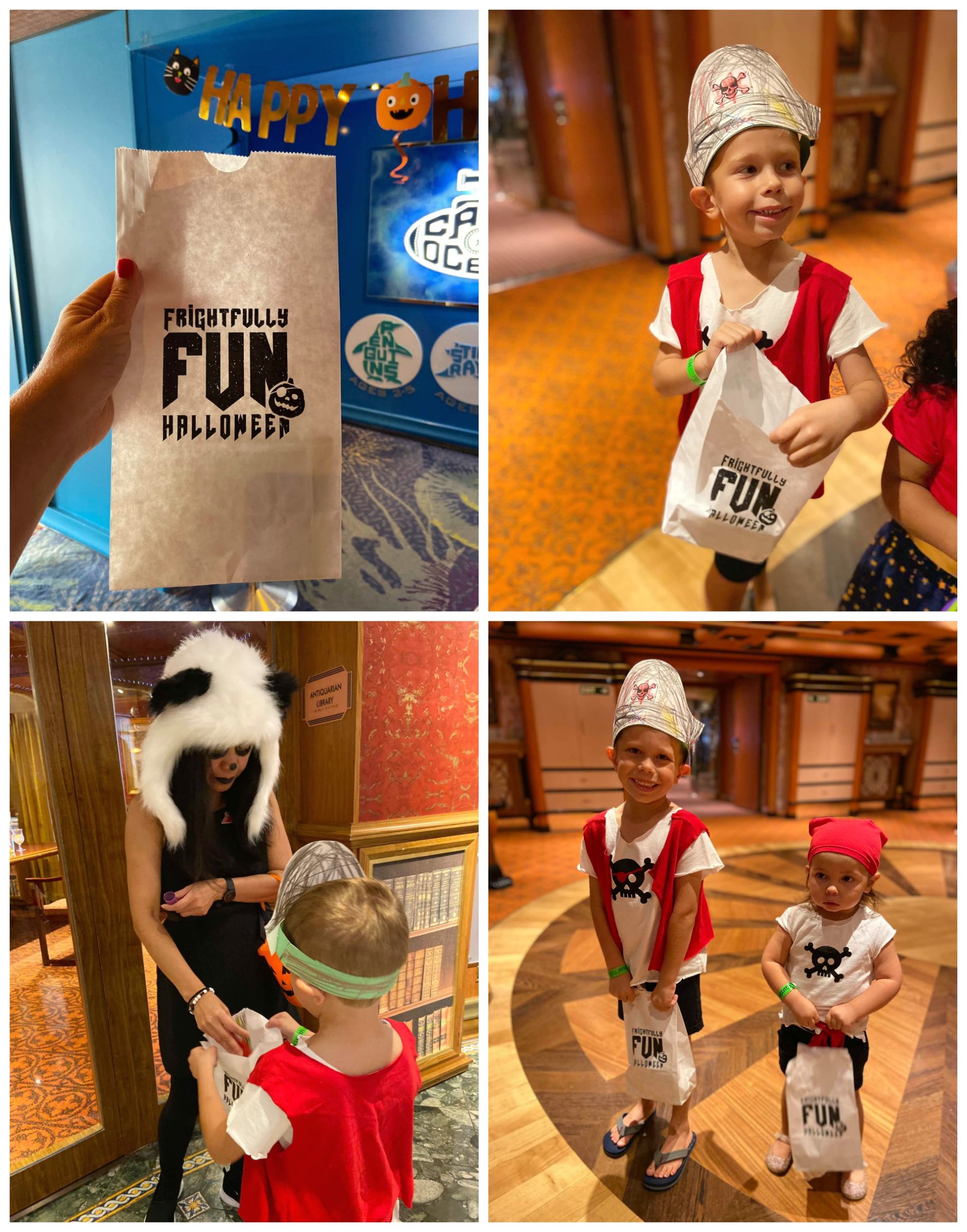 Little boy dressed as a pirate trick or treating around the cruise ship.