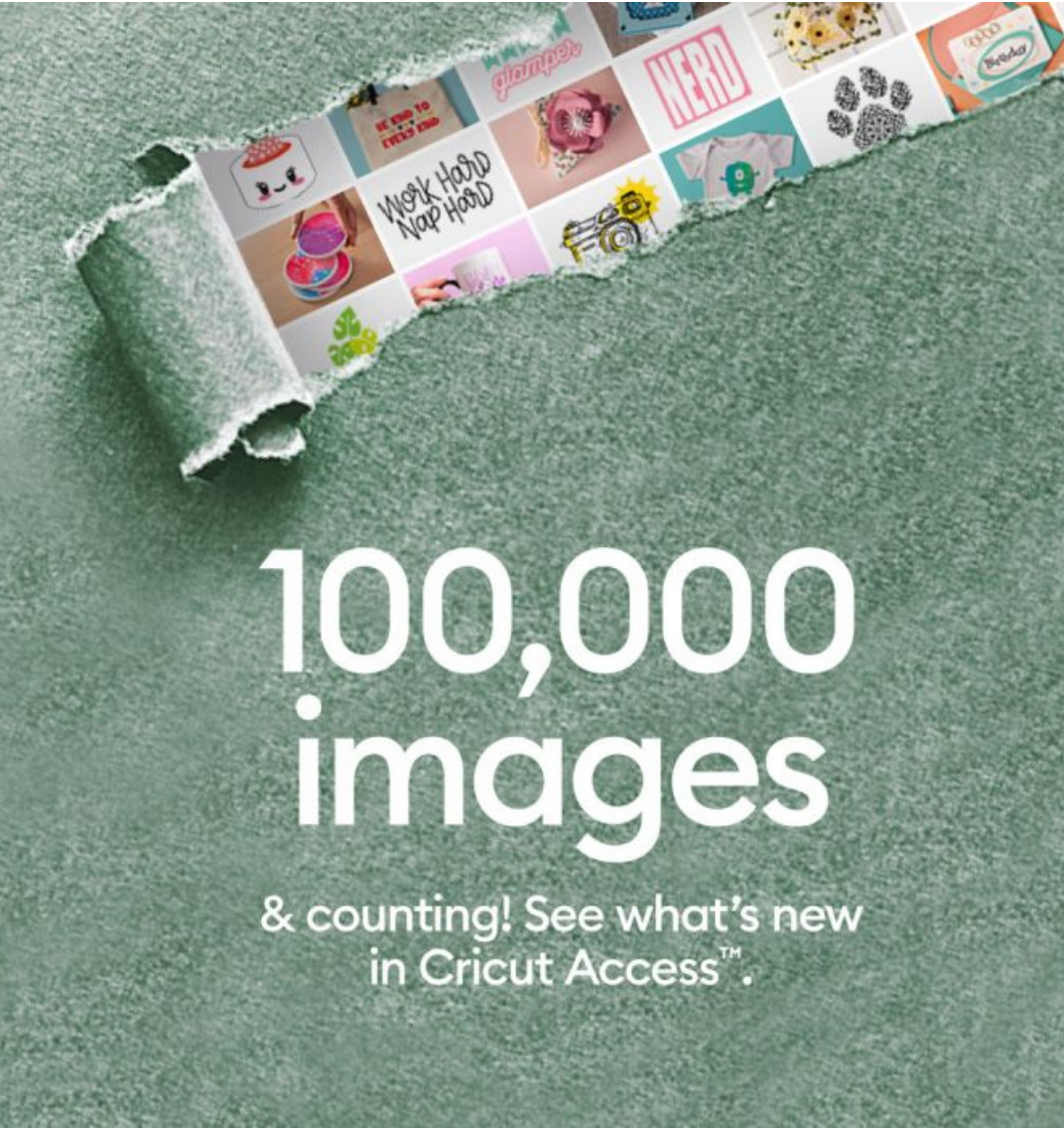100,000 images written on a green square with a rip in the paper showing some imgaes.