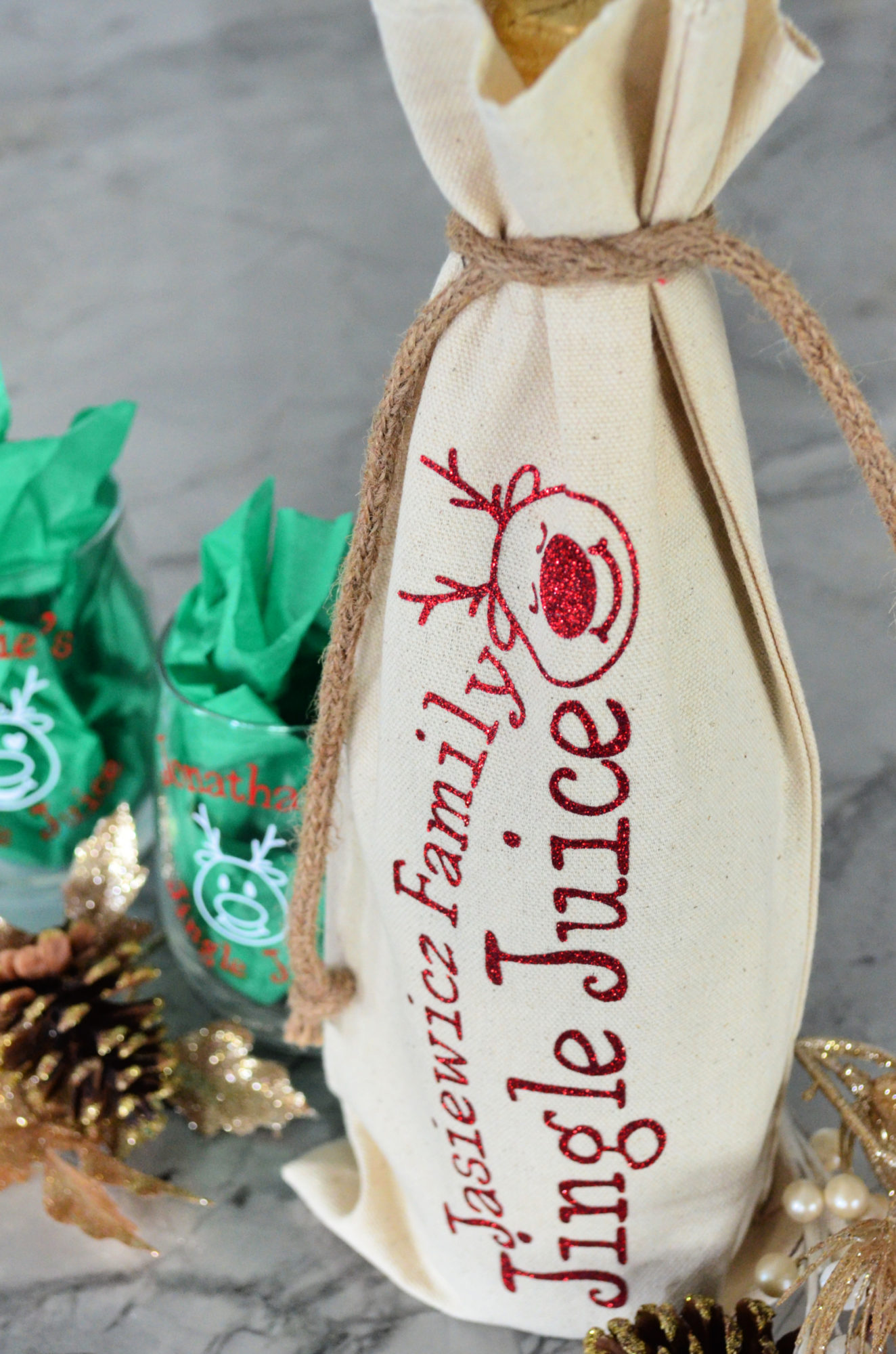 DIY Personalized Jingle Juice Wine Bag & Glasses using the Cricut