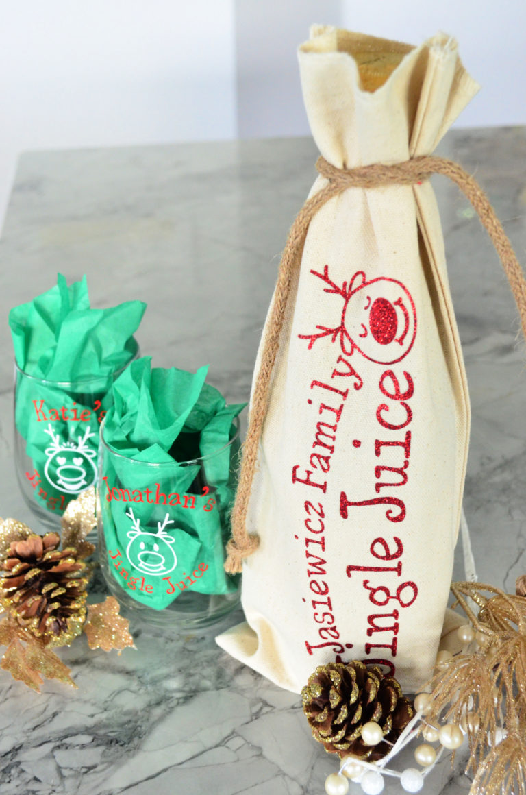 DIY Personalized Jingle Juice Wine Bag & Glasses using the Cricut