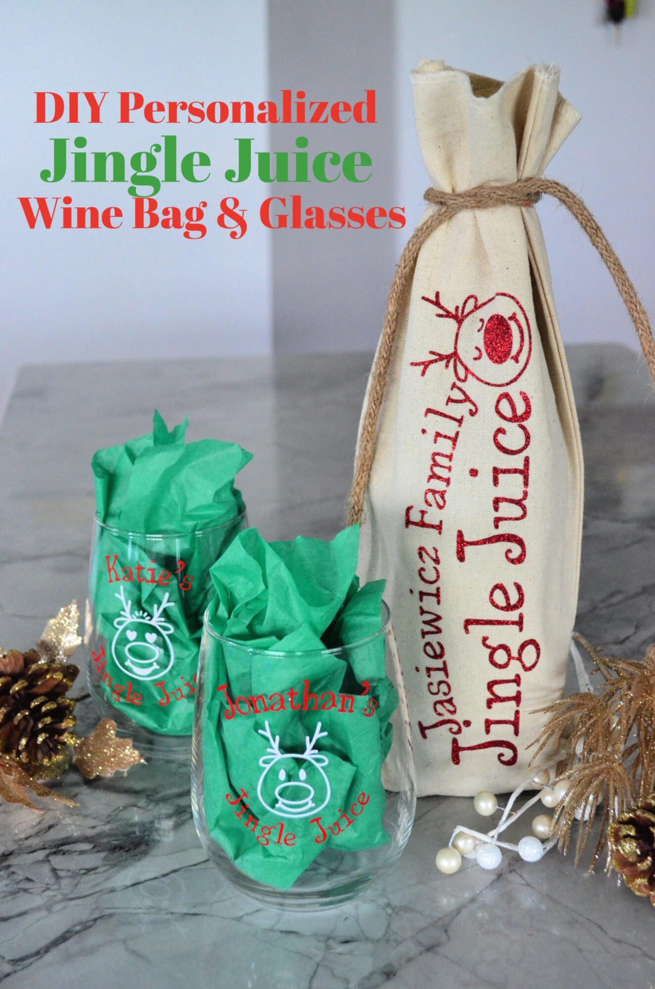 DIY Personalized Jingle Juice Wine Bag & Glasses using the Cricut