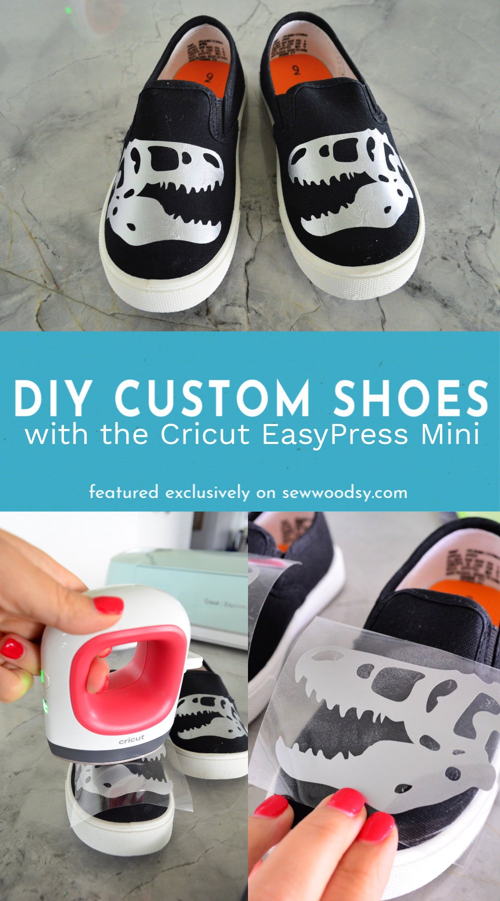 Three photos of how to use the Cricut EasyPress Mini to make custom shoes.