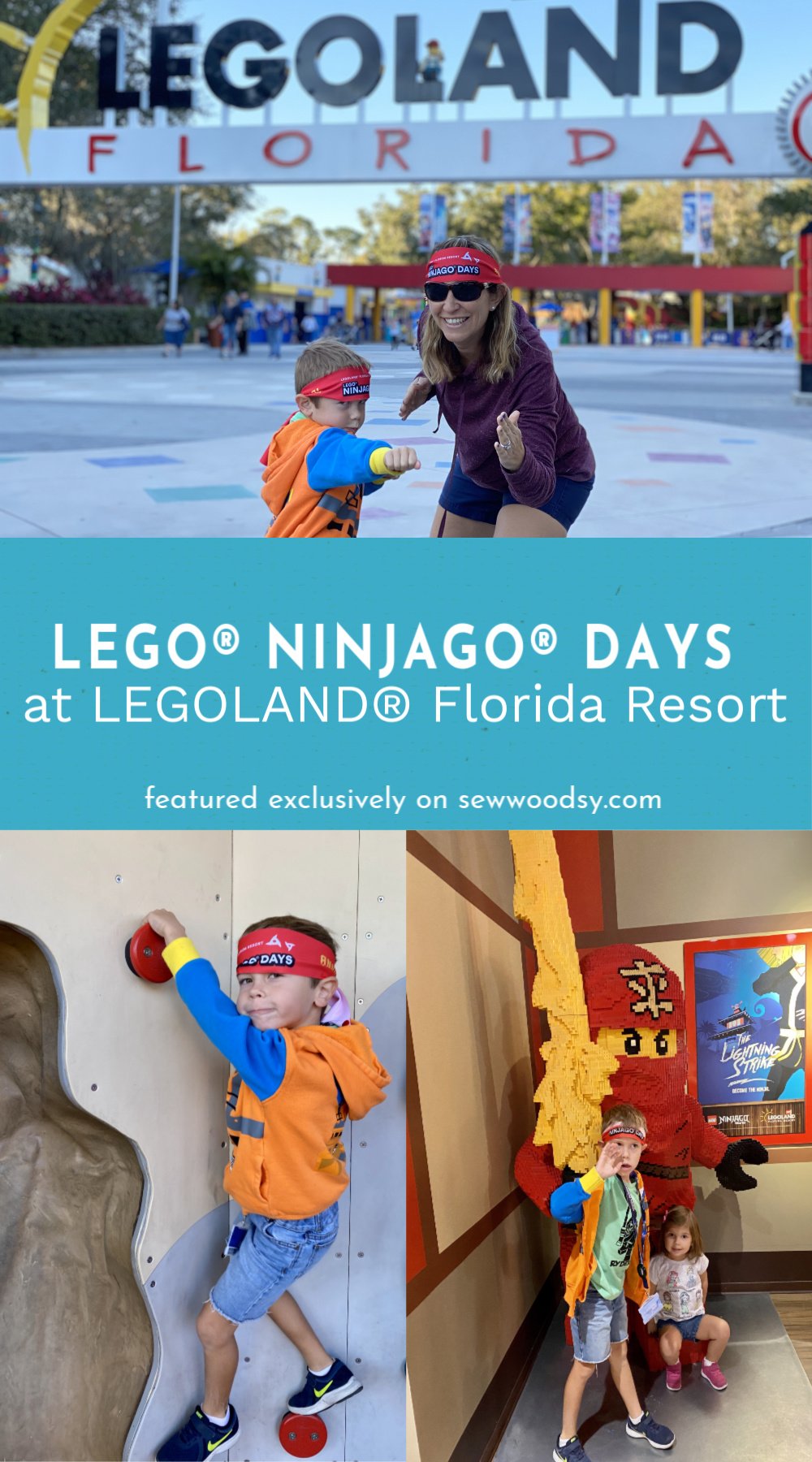 Lead photo for LEGO NINJAGO Days at LEGOLAND FLorida Resorts with kid climing, kids pictured with LEGO Ninja Figurine, and a mom and her son posing in front of the LEGOLAND entrance.