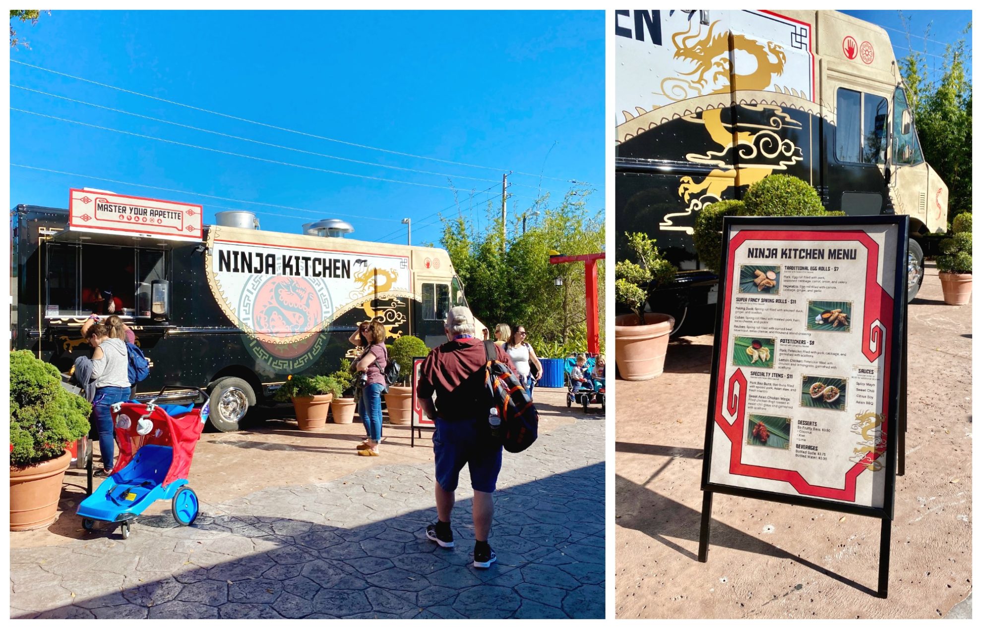 Food truck with people lined up near it and a sandwich menu board on the right photo.