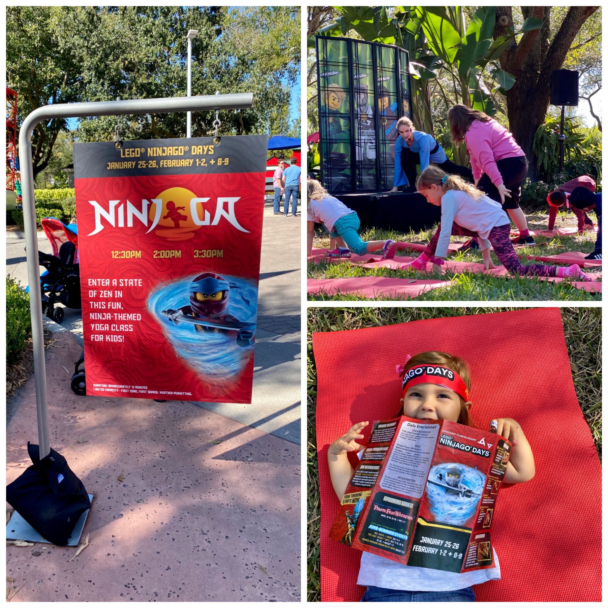 Little girl on yoga mat, ninjago sign and kids doing yoga in field.