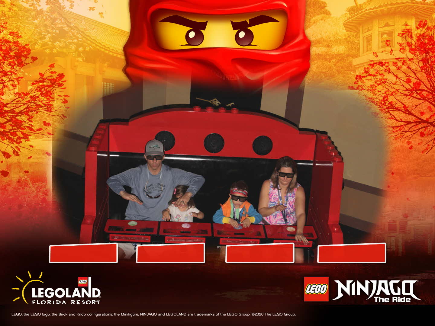 Family of four on a ride with LEGOLAND text on image.