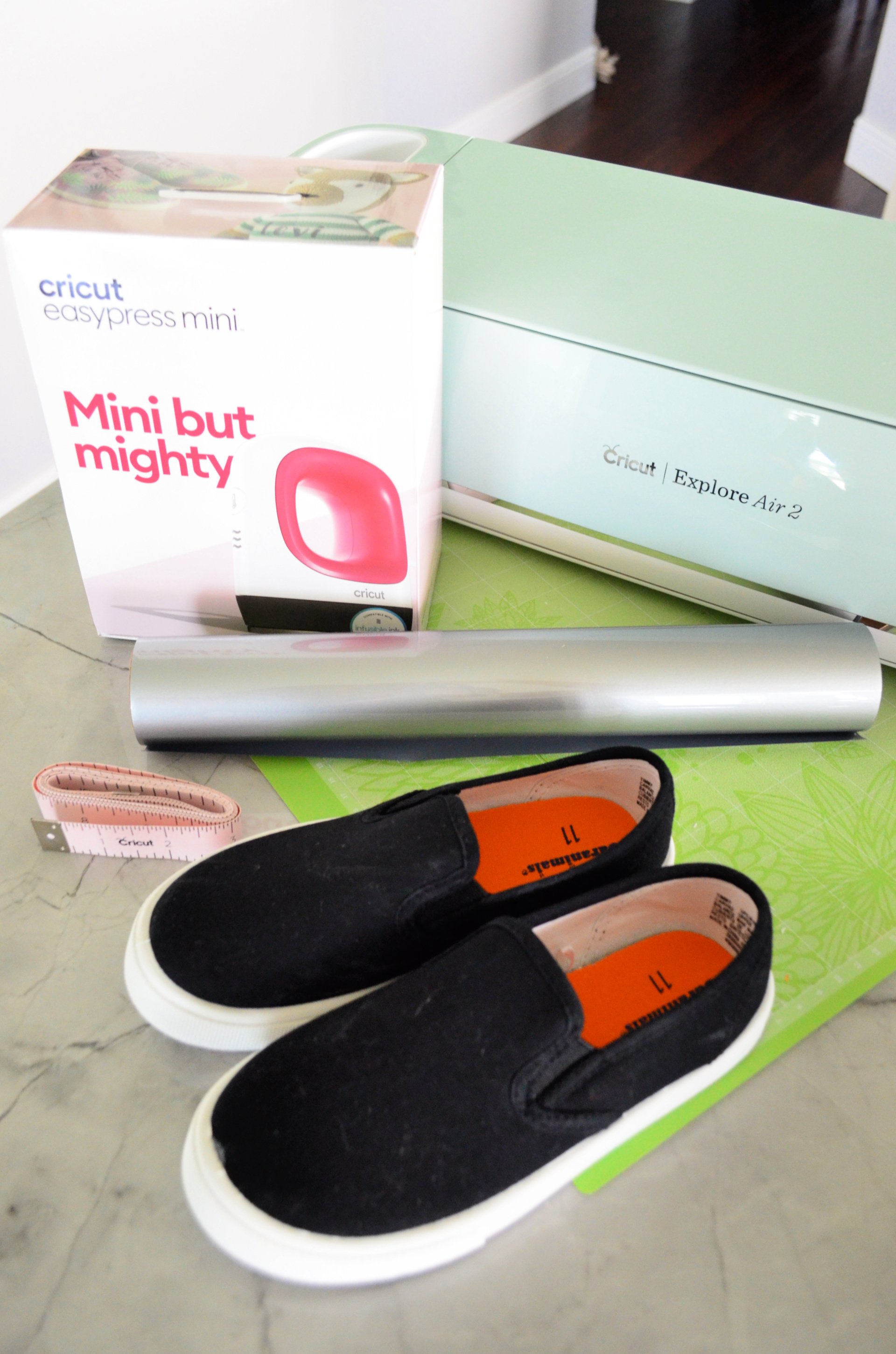 Supplies for making custom shoes using the Cricut EasyPress Mini