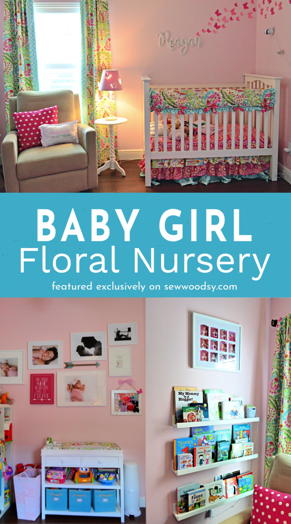 Two photos of a girls nursery with text on image for Pinterest.