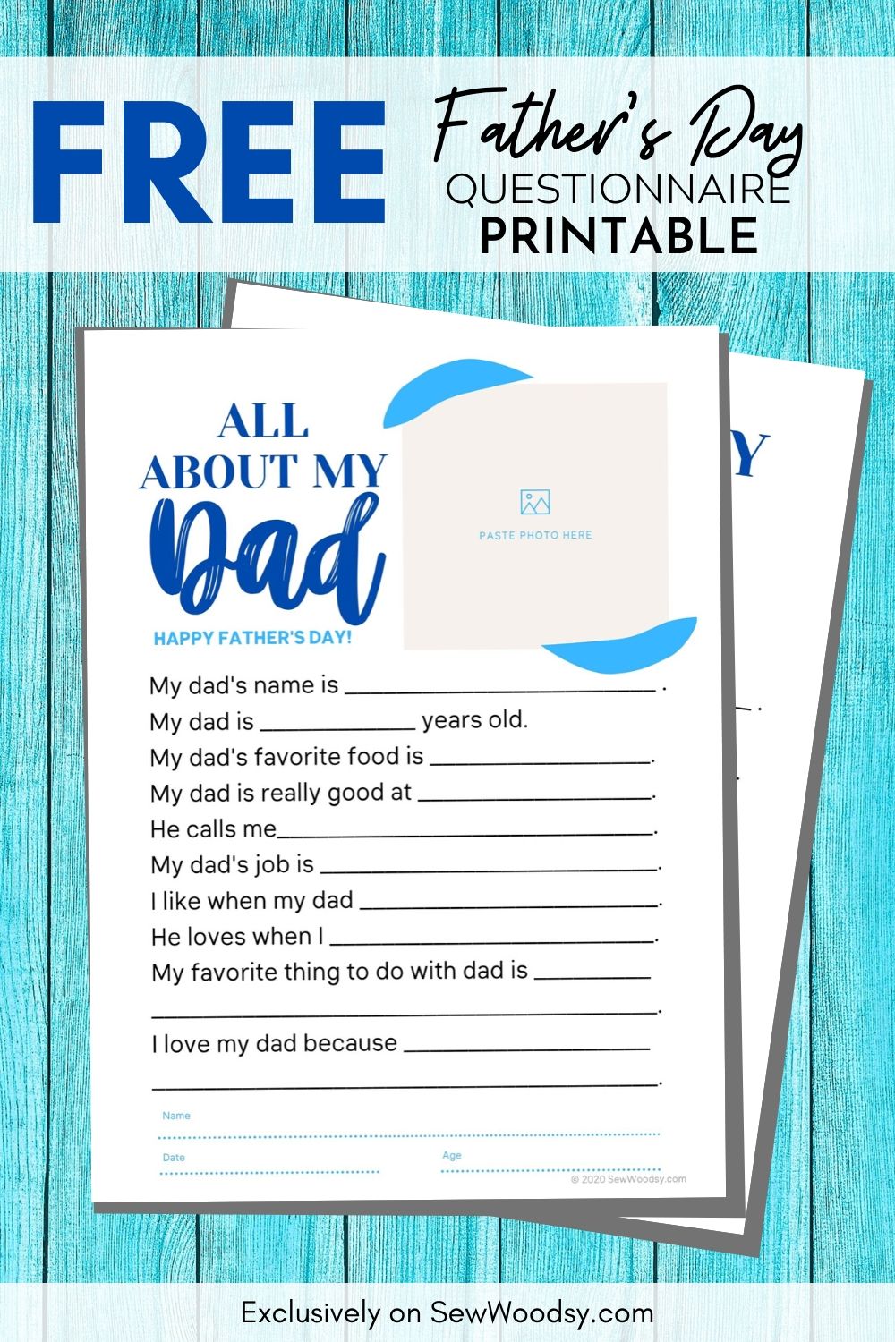 Advertising Free Father's Day Questionnaire Printable with text and printout for Pinterest.