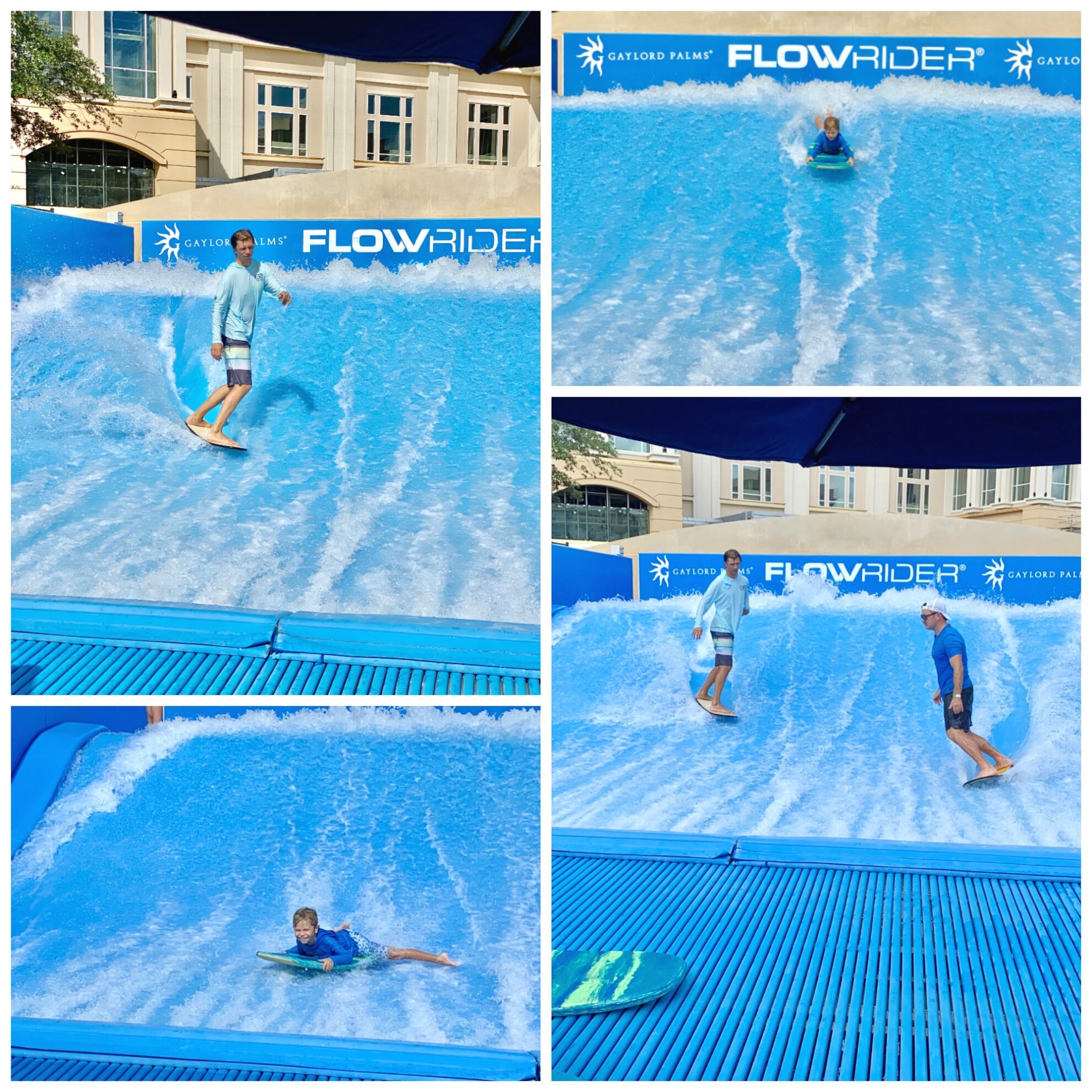 Four photo split of two men surfing on FlowRider and a little boy body boarding.