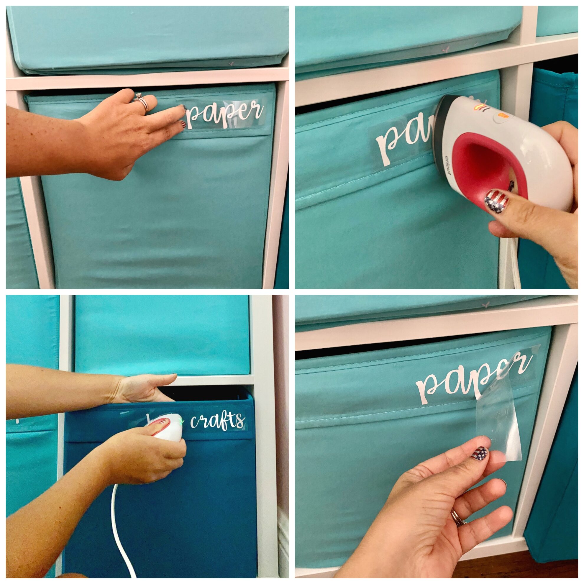 Four process shot of applying Iron-On Vinyl to a blue cloth bin with a Cricut EasyPress Mini.