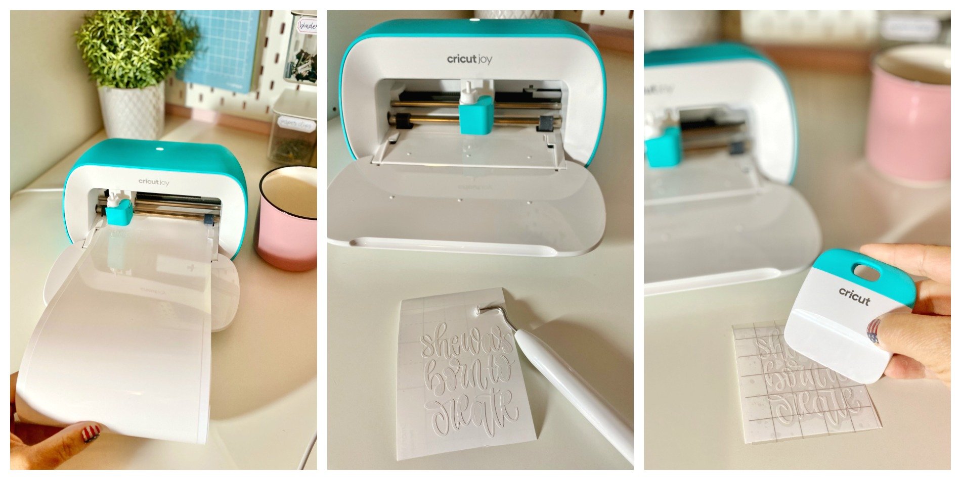 Three shot process photo of Cricut Joy cutting vinyl, wedding negative, and transfer tape.