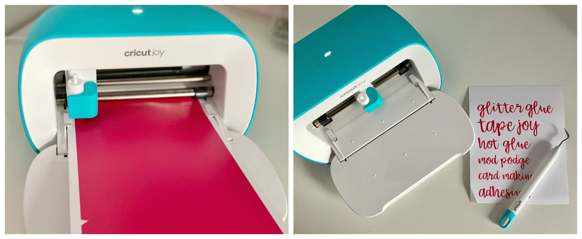 Two photos of Cricut Joy with pink vinyl and cut out vinyl words.