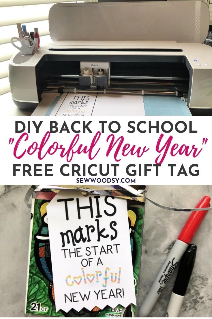 Top photo of Cricut Maker with paper, bottom of box of sharpies with colorful tag.