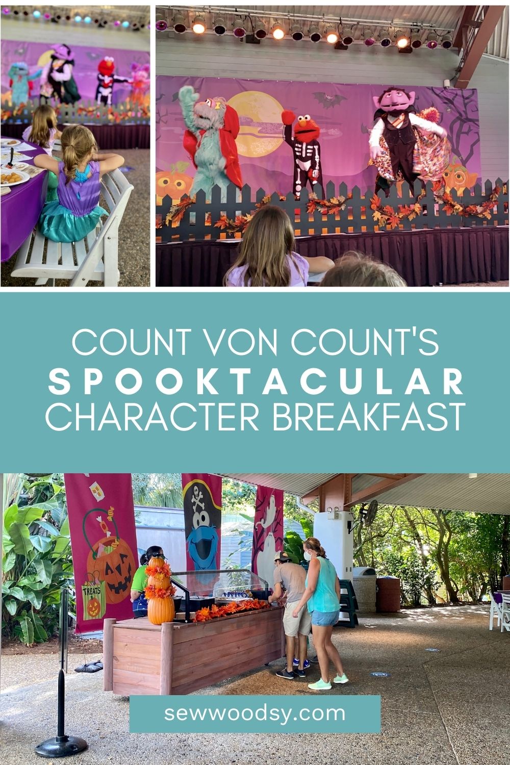 Three images from Count Von Count's character breakfast at SeaWorld.