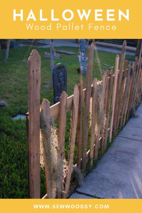 Spikey wood pallet fence with text on image for Pinterest.
