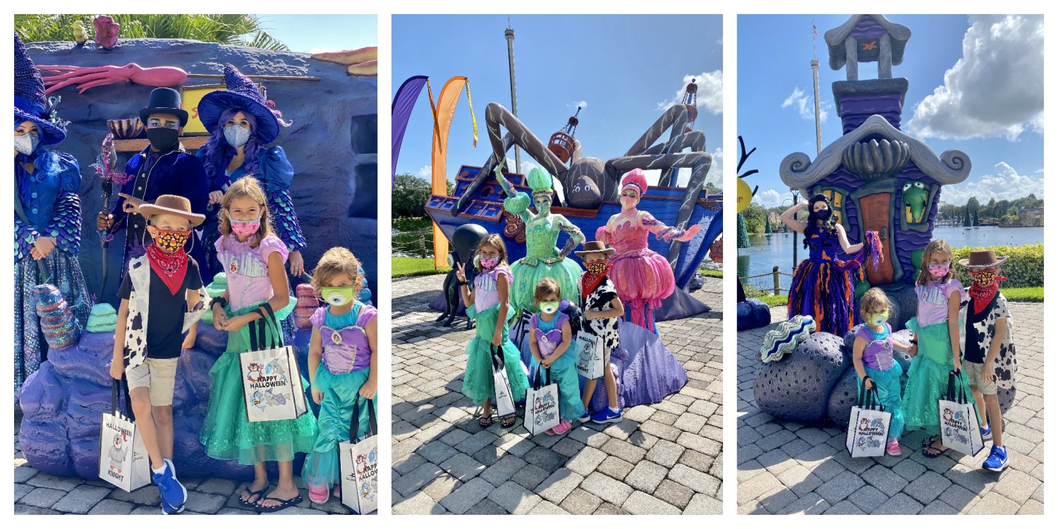 Three photos of three children in costumes posing with Sea Life Characters at SeaWorld.