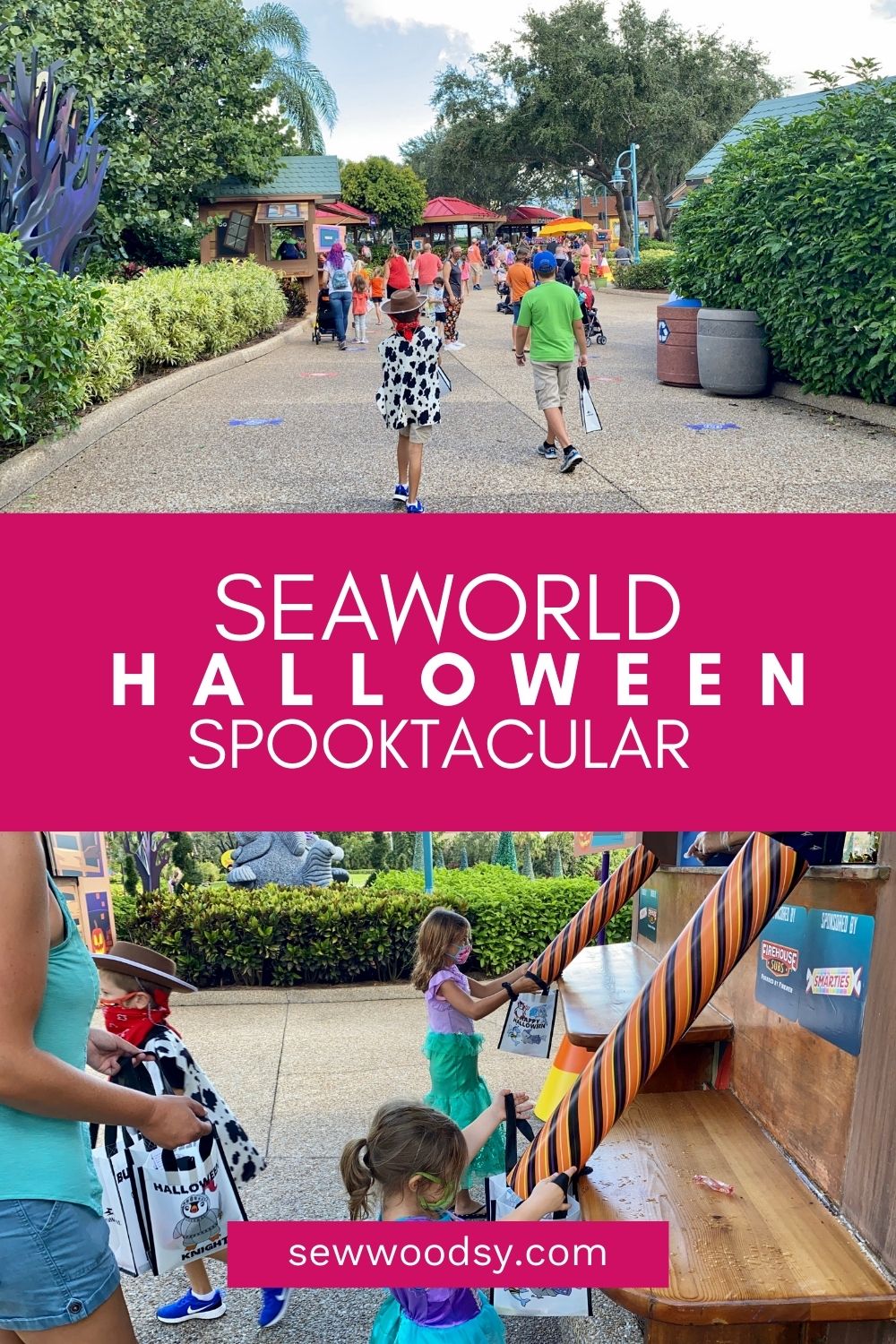 Two photos: kids walking in SeaWorld, bottom of kids trick or treating.