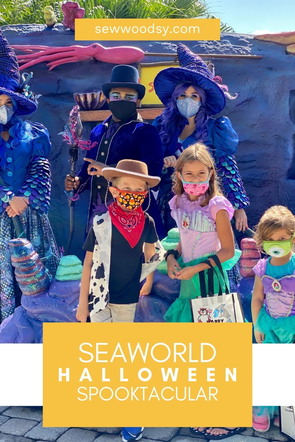 Three children with facemask with characters at SeaWorld for Spooktacular.