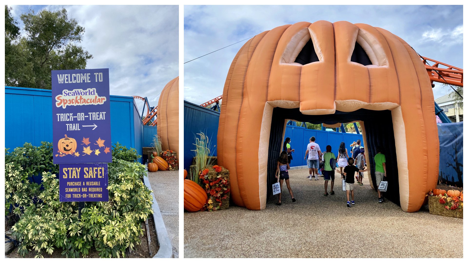 SeaWorld Spooktacular giant inflatable walk through pumpkin and sign.