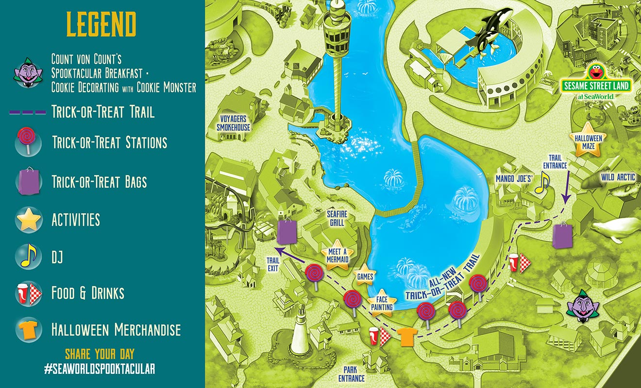 2020 SeaWorld Orlando Spooktacular map of trick or treat stations, trail, activities, etc.