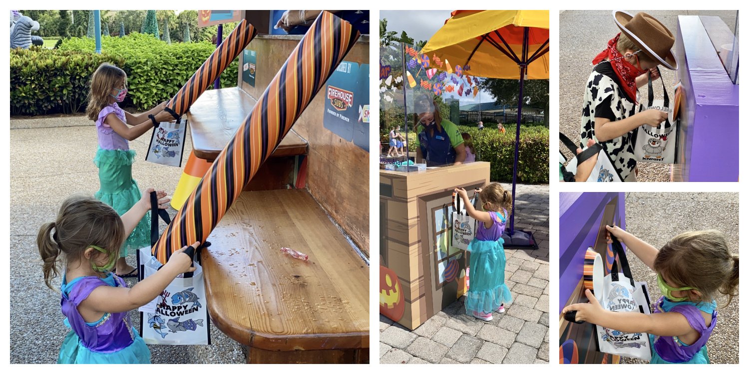 Four photo collage of children in costumes Trick Or Treating at SeaWorld.