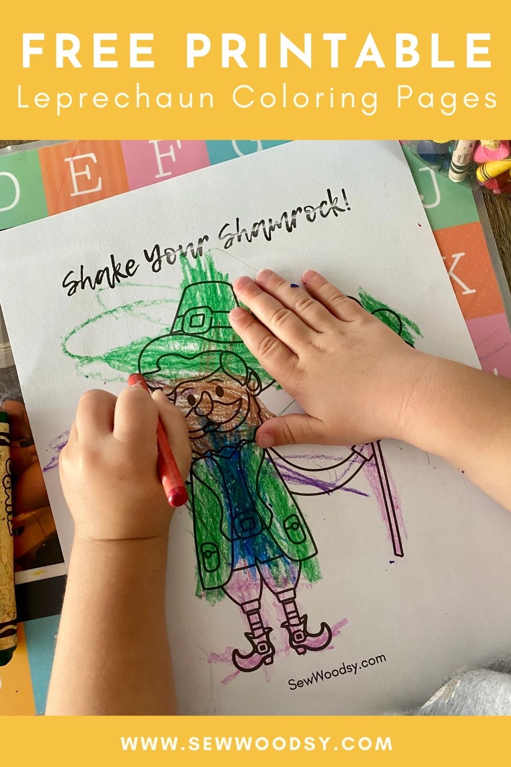 Child coloring a leprechaun with text on image for pinterest.