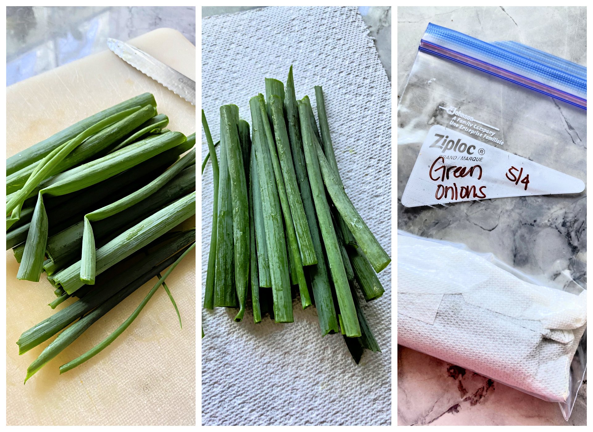 Three images showing how to store fresh green onions.