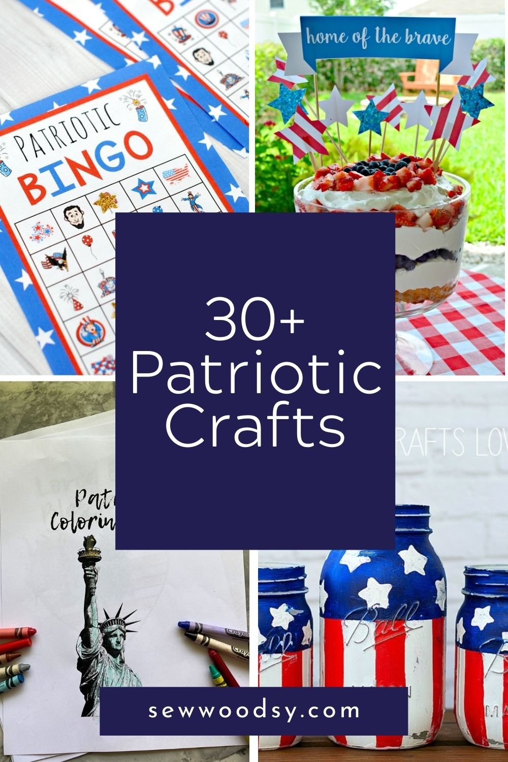 Four photos of Patriotic Crafts; bingo, topper, mason jars, and coloring pages with text on image for Pinterest.