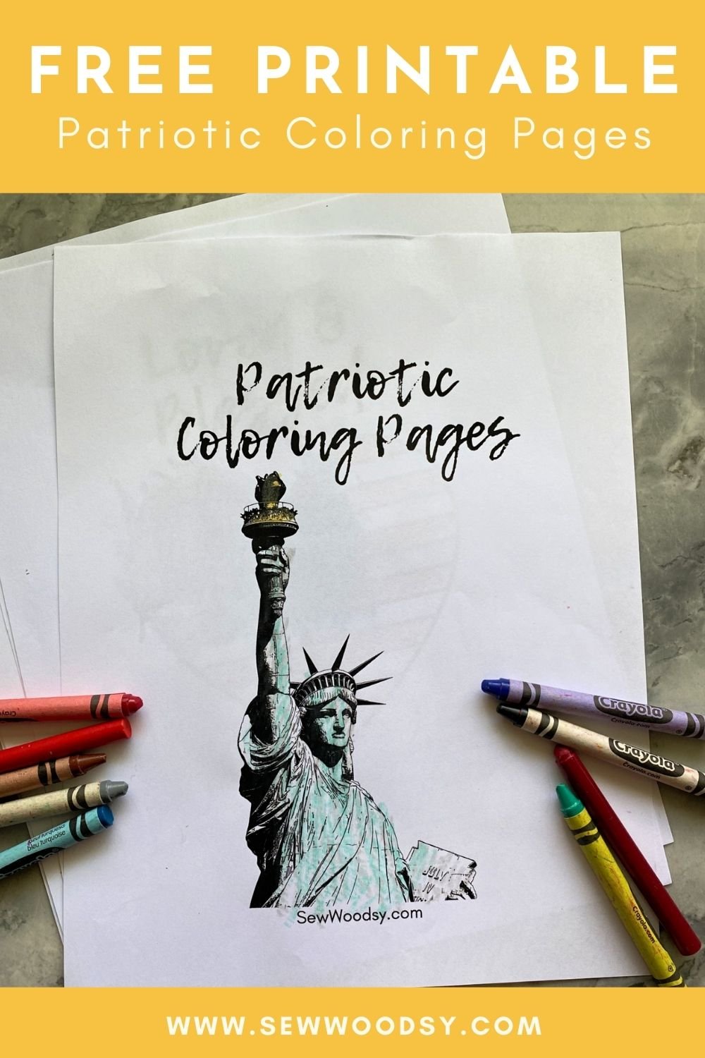 Top view of a stack of Patriotic Coloring Pages with title on phot for Pinterest.