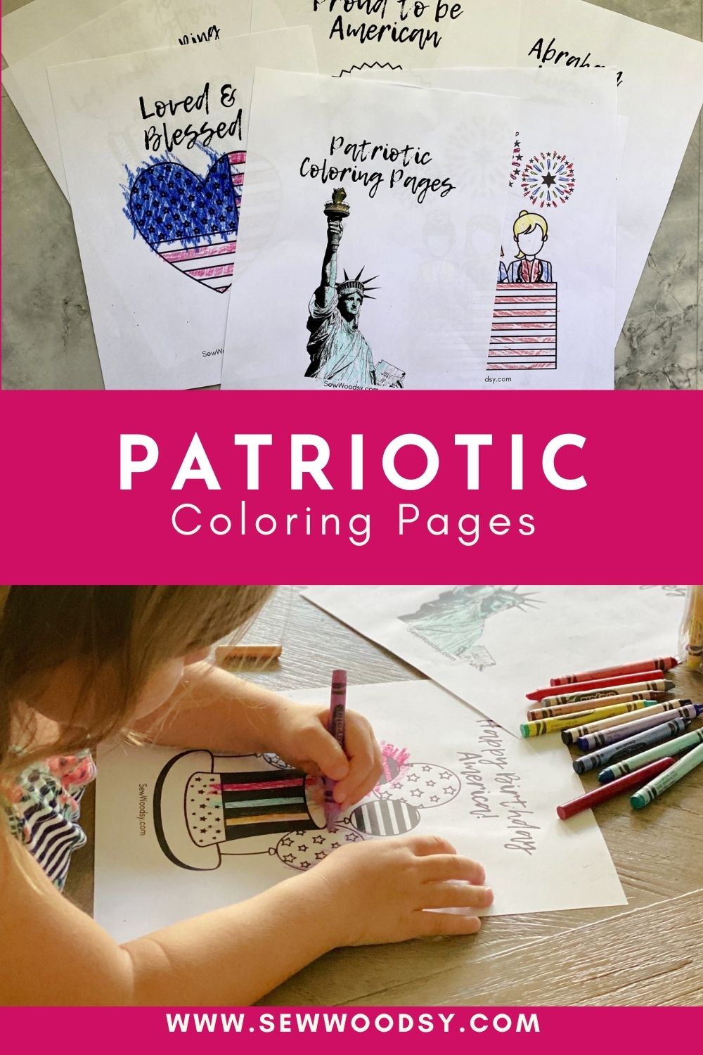 There are two photos; on the top photo there are patriotic coloring pages found out with a American flag heart on the left, Statue of Liberty in the middle and people with fireworks in the background on the right; on the second photo at the bottom there's a little girl coloring in one of the coloring pages