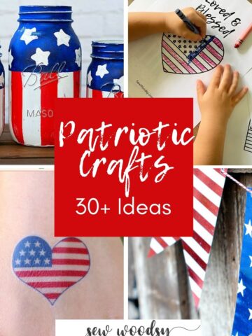 Four photos of various patriotic crafts with post title in the middle for Pinterest.