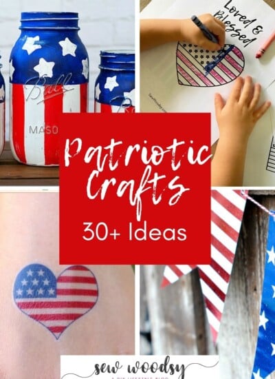 Four photos of various patriotic crafts with post title in the middle for Pinterest.