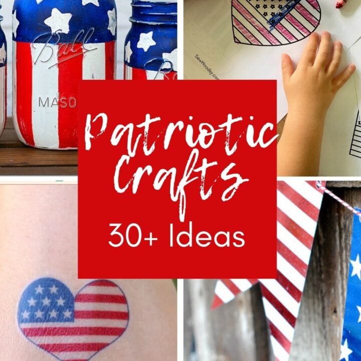 Four photos of various patriotic crafts with post title in the middle for Pinterest.