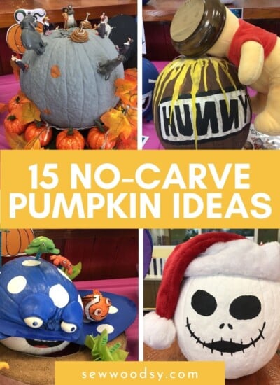 Four photos; jungle book pumpkin, winnie the pooh pumpkin, nemo pumpkin, jack skellington with text on image for Pinterest.
