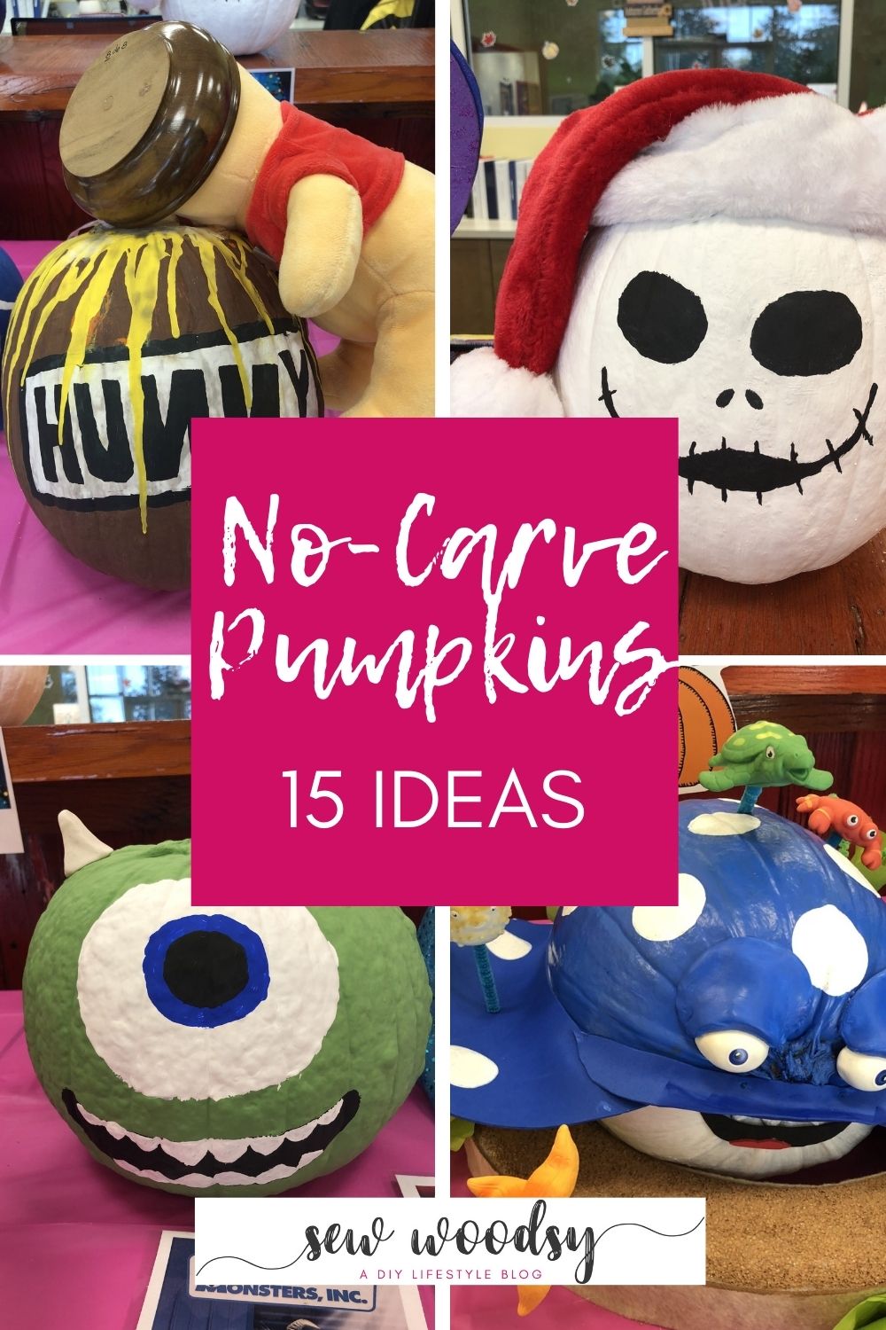 Four no carve pumpkins; winnie the pooh, jack skellington, finding nemo, and monster's inc pumpkins.