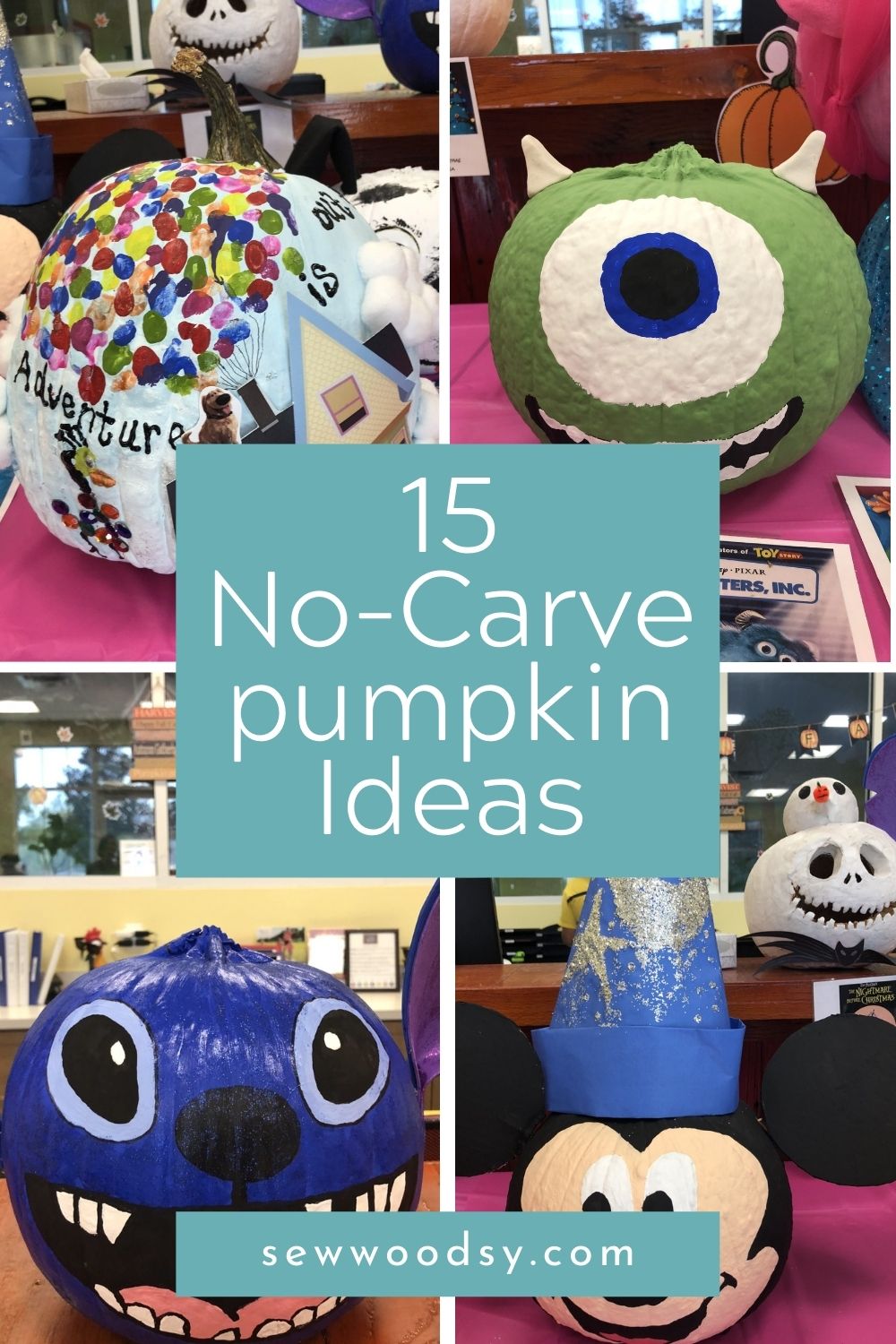 Four photos of no-carve Disney pumpkins with post title on image for Pinterest.