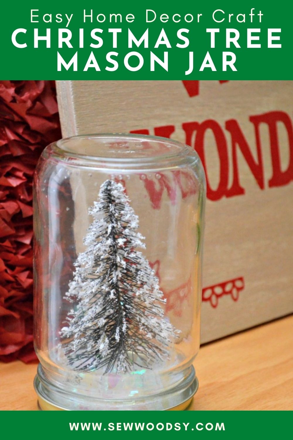 Close up of a wire bottle brush tree in a mason jar with text on image for Pinterest.