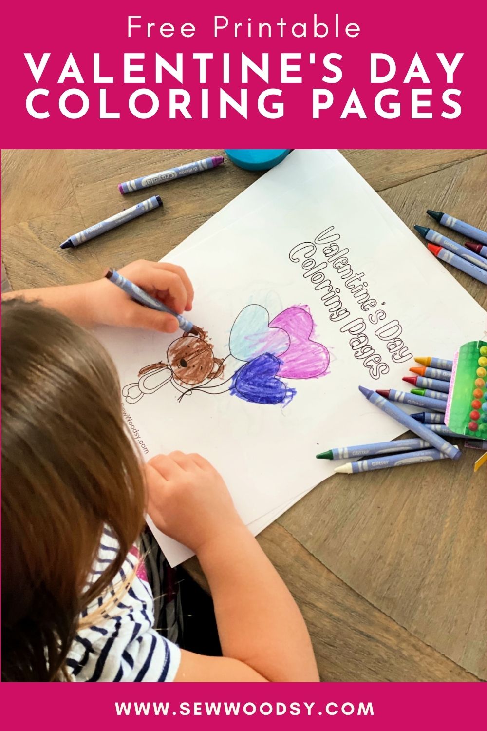 Top view of a little girl coloring a teddy bear with text on image for blog post.