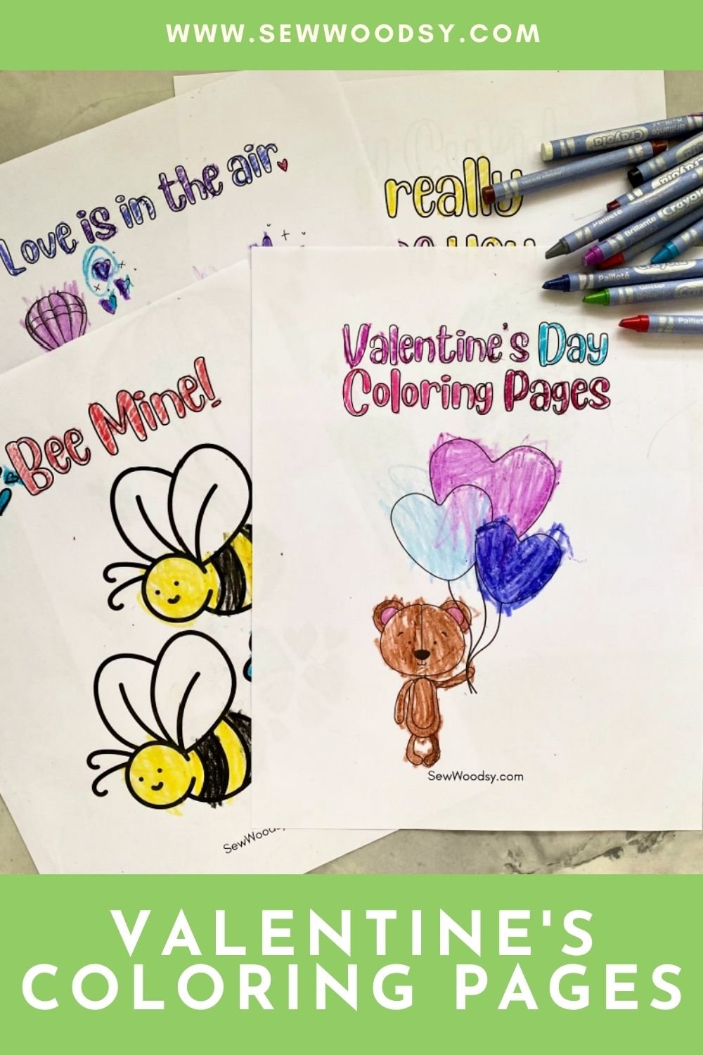 Top view of four coloring pages with crayons on top with text title on image for Pinterest.