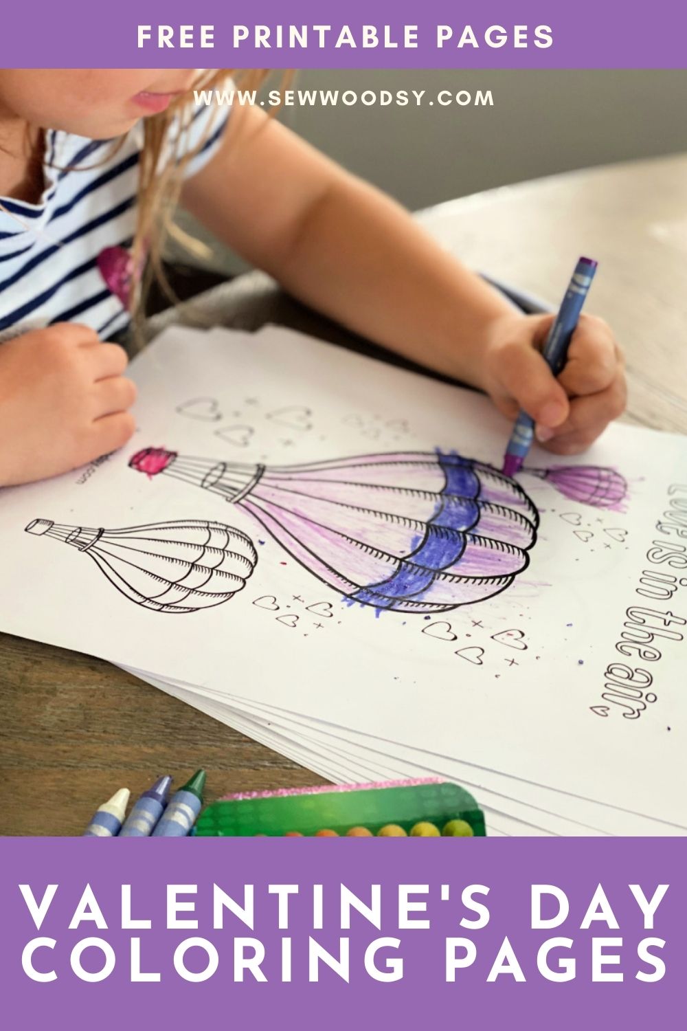 A little girl coloring a hot air balloon purple with blog post title text on image.