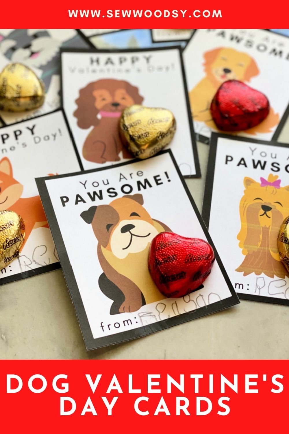 Dog valentines with chocolate hearts attached and post title text on image for Pinterest.