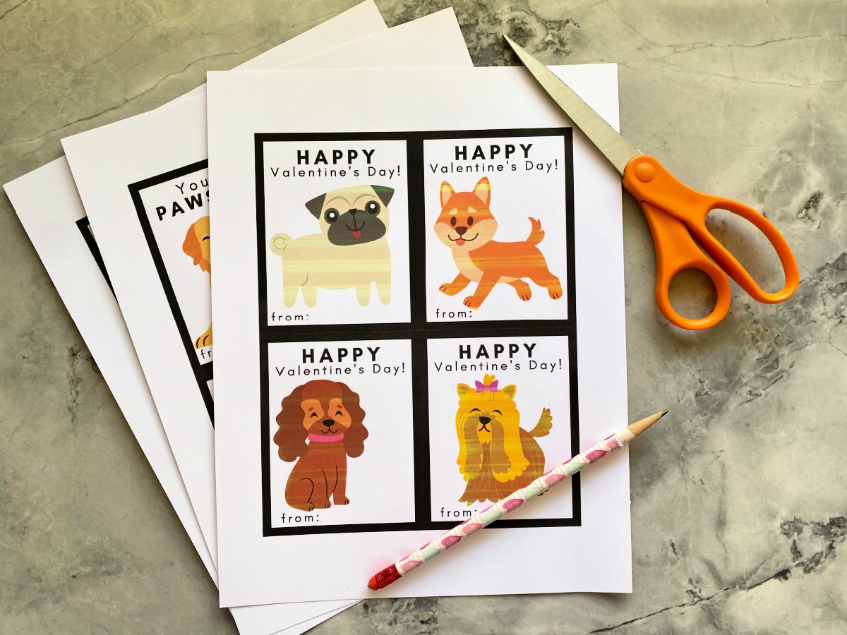 Three sheets of white paper with dog valentines printed on them with a pencil and scissors.