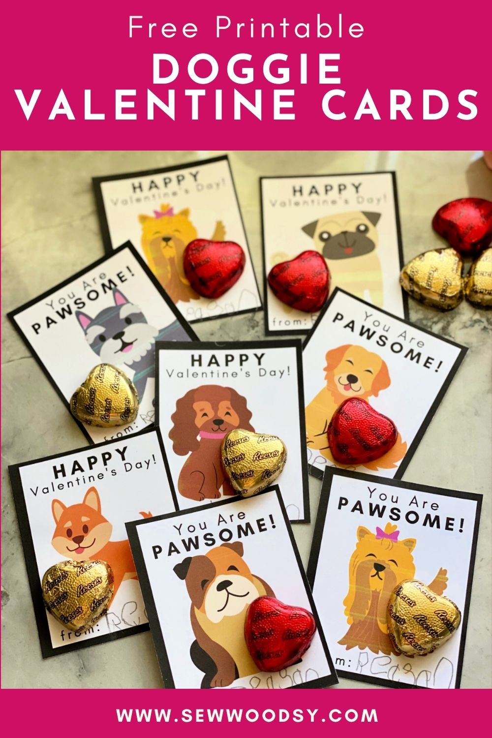 7 dog valentines with chocolate hearts with post title text on image for Pinterest.