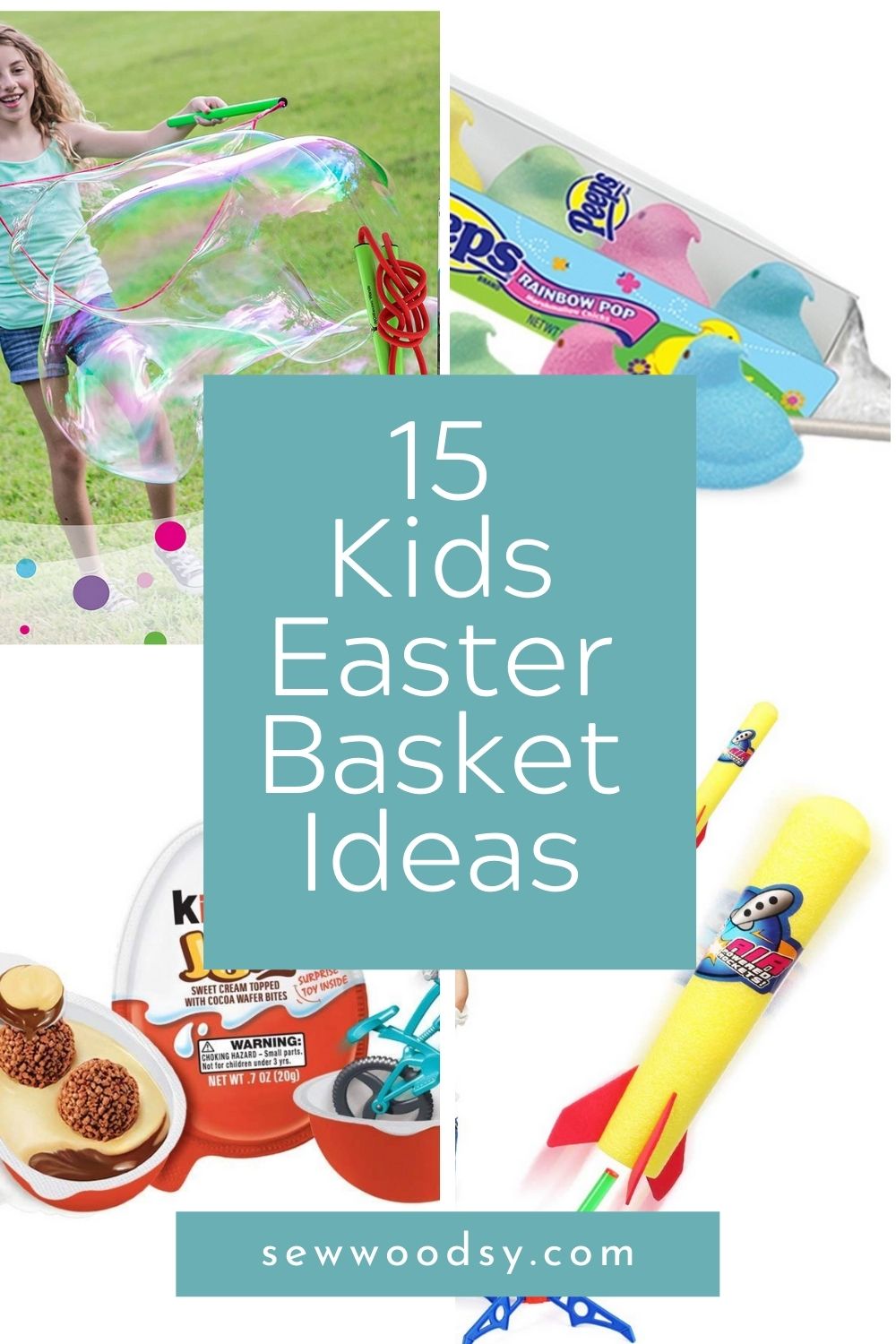 Four photos of different items for an Easter basket with text on image for Pinterest.