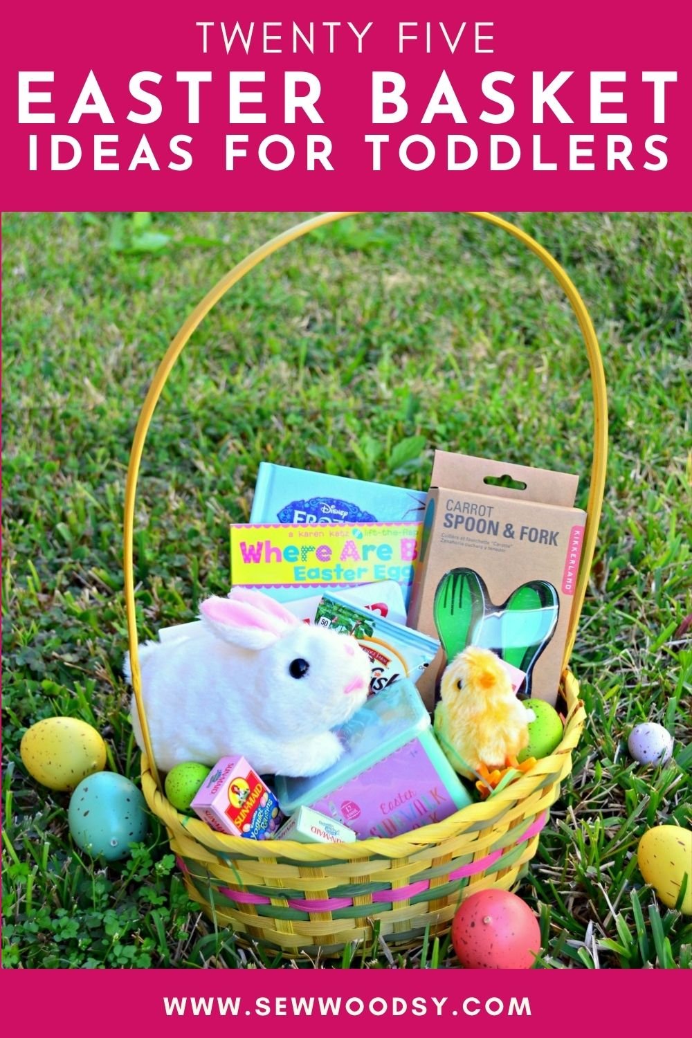 Yellow easter basket filled with toys on grass with text on image for Pinterest.