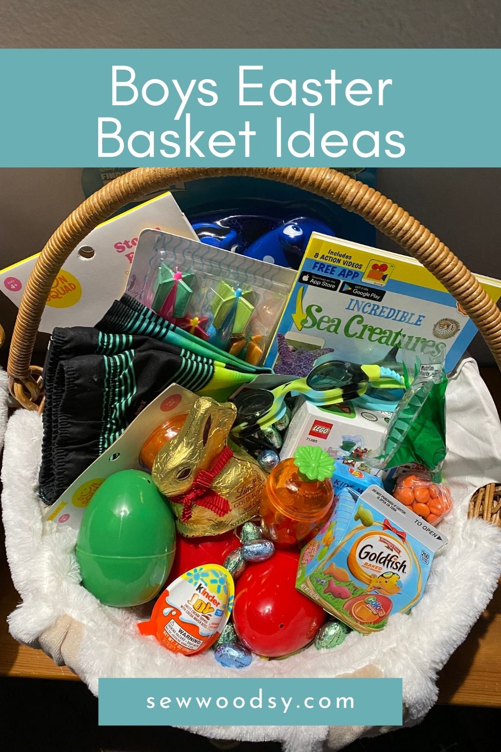 Easter basket filled with chocolate bunny, toys, and books with text on image for Pinterest.