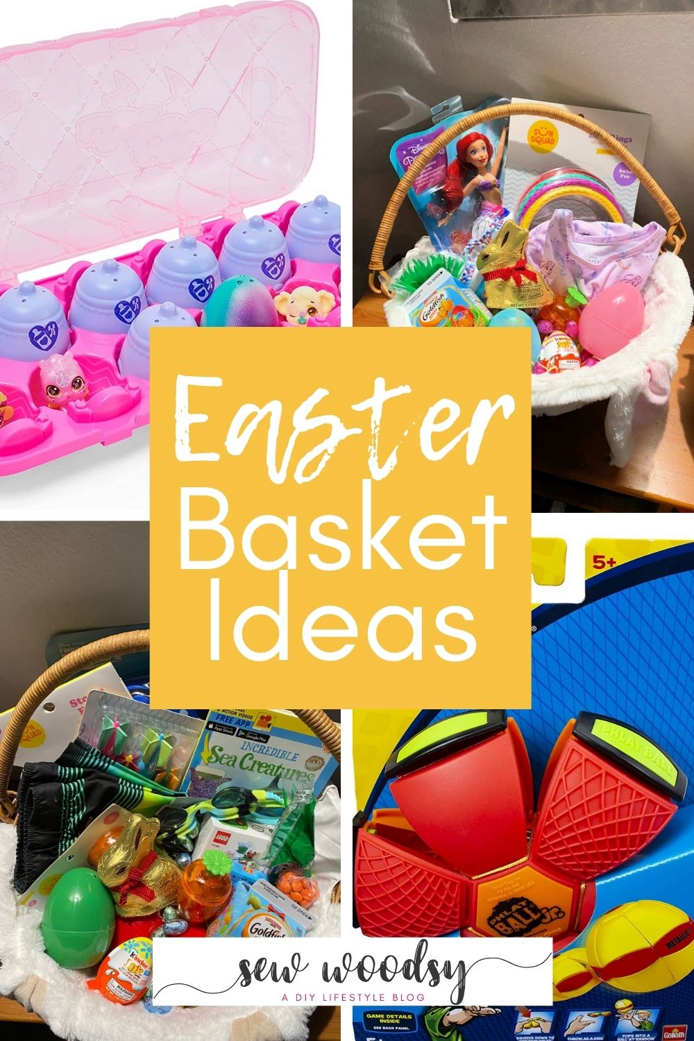 Four photos of Easter basket items with text on image for Pinterest.