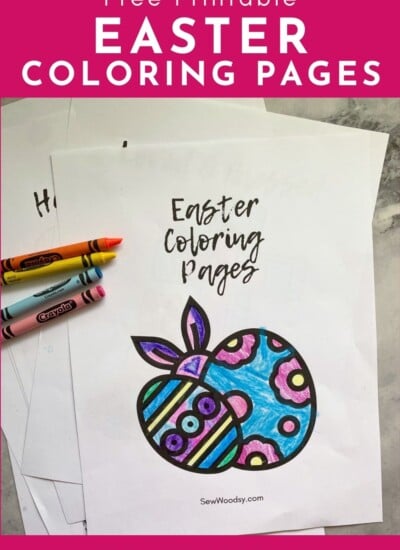 Four papers of Easter pages on a marble counter with text on image.