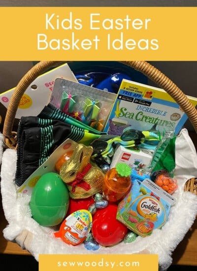 Easter basket filled with toys and candy with text on image for Pinterest.
